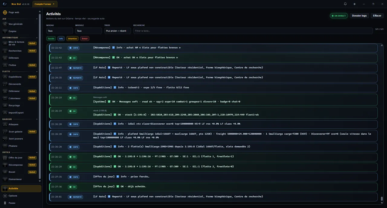 Nox Bot — Activités
