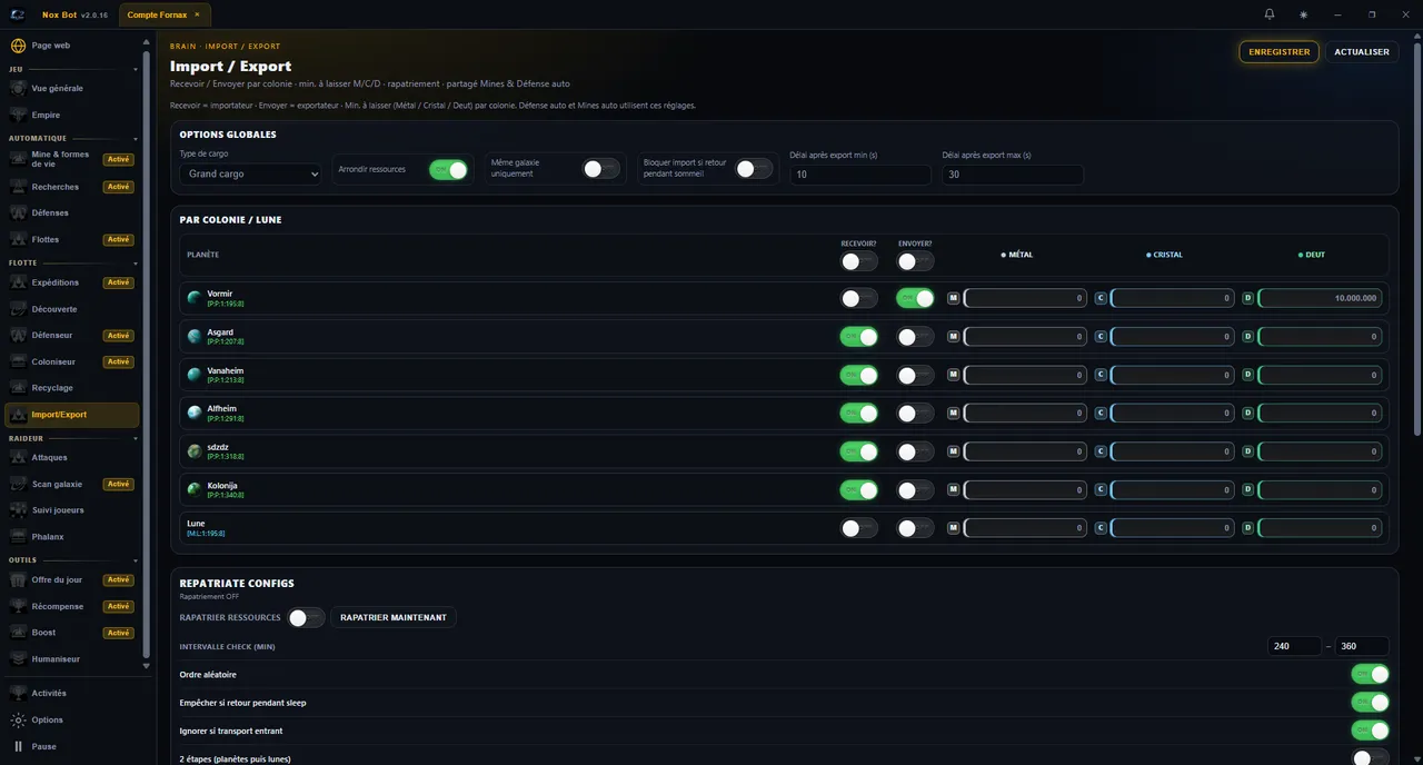 Nox Bot — Import / Export