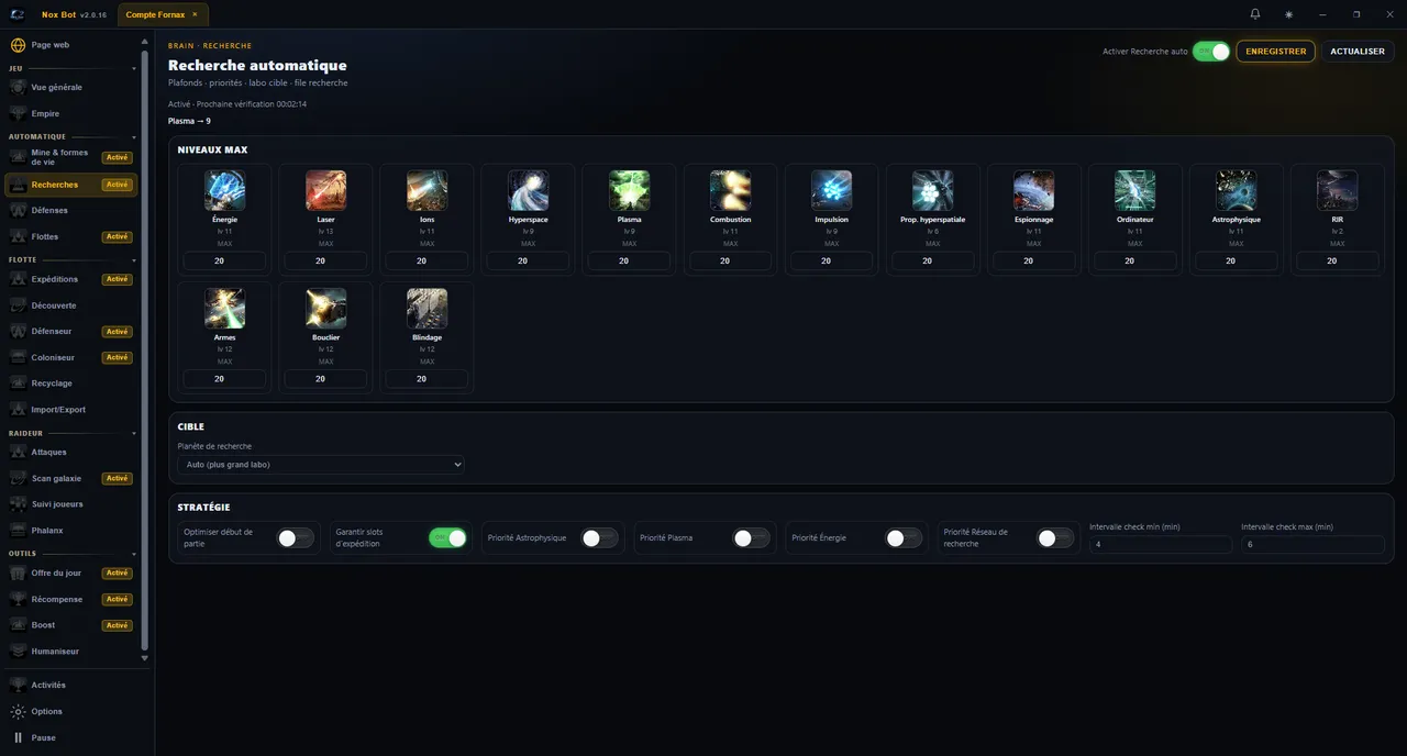 Nox Bot — Recherches