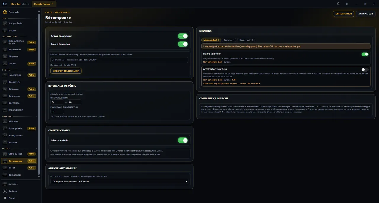 Nox Bot — Récompenses
